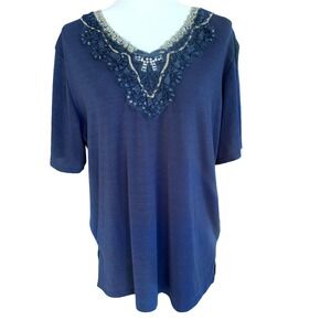 No Attitude Womens Top‎ Blue Short Sleeve Sequin Ruffle Gold Size Large